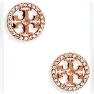 Tory Burch Pavé Embellished Rose Gold Circle Stud Earrings